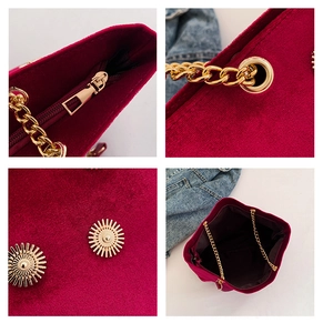 Detail shots of velvet bucket bag with gold sun accents and premium chain strap