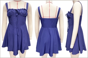 Multi-angle views of a purple sleeveless mini dress with ruffle neckline and tie-up detail