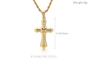 Detailed macro view of 45x25mm gold twisted cross pendant in durable stainless steel