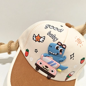 Kids dinosaur baseball cap with 3D cartoon print in beige and brown contrast colors