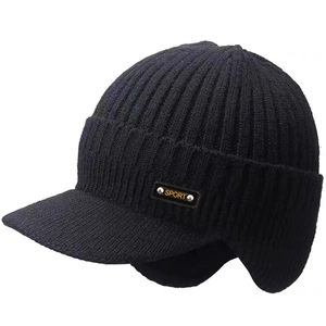 Men Winter Thick Knit Beanie Hat With Brim Ear Flaps Warm Outdoor Fleece Lined Knitted Cap For Cold Weather