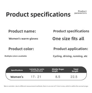 Detailed size chart for women's warm gloves showing palm and middle finger measurements