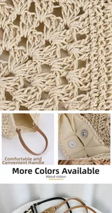 Detail of straw woven tote with hollow craft, brown PU handle and metal magnetic buckle