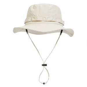 Close-up of beige outdoor sun hat showing moisture-wicking fabric and adjustable chin strap