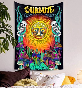 Bedroom wall decor featuring a colorful Sublime sun tapestry hanging over the bed headboard