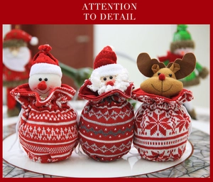 Detailed knitted Christmas gift bags featuring cartoon snowman, Santa, and reindeer designs