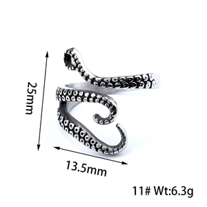 Vintage silver octopus tentacle open ring in stainless steel for men and women