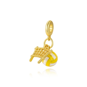 Golden volleyball and net charm pendant with yellow enamel for necklaces and bracelets