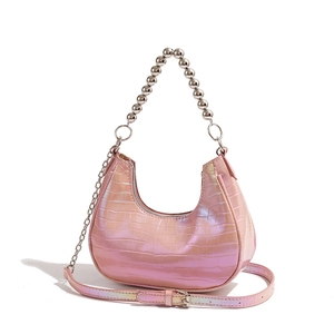 Pink crescent underarm bag with laser crocodile texture and metallic bead chain