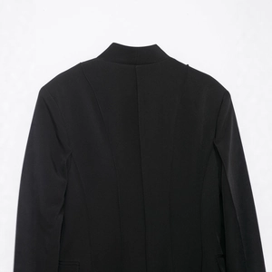 Rear view of sleek black slim fit high neck blazer showing back seam and tailored details