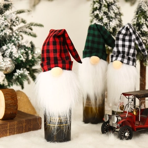 Christmas Wine Bottle Cover Plaid Gnome Bottle Topper Faux Fur Beard Forest Man Holiday Table Decor