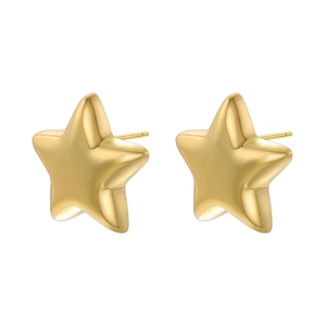Polished gold puffed star stud earrings with a glossy metallic finish on white background