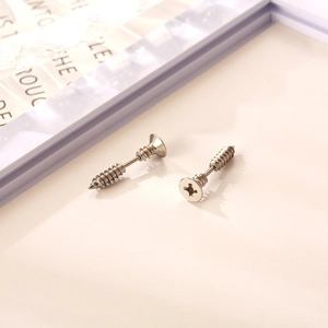 Industrial punk style stainless steel cross head screw stud earrings in polished silver