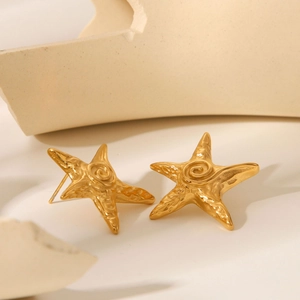 Textured 18k gold plated stainless steel star earrings with a spiral center design