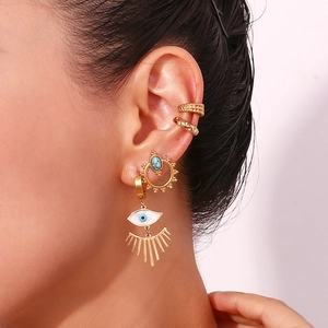 Parure de boucles d'oreilles Œil de Turquie dorée 18 carats avec pierres turquoise