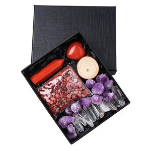 Healing crystal gift set with amethyst, quartz heart and pillars in a black box