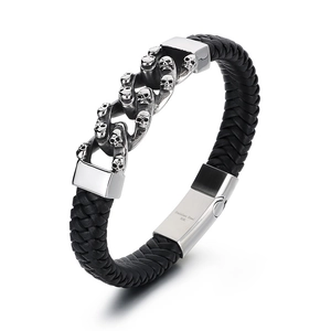 Men's braided leather skull bracelet with 316L stainless steel clasp on white background