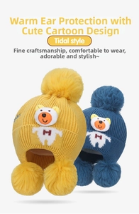 Close-up of winter knit hat featuring large faux fur pom-poms and cartoon bear patch