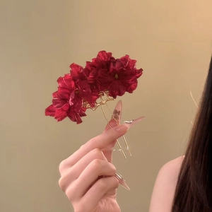 Elegant red fabric flower hair pin with golden U-shaped metal stick for women