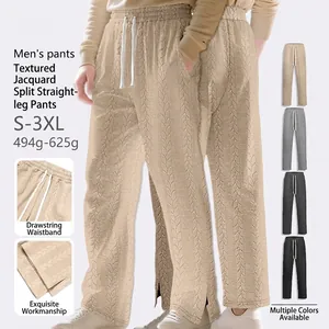 Men Casual Pants Knit Jacquard Cable Texture Drawstring Straight Wide Leg Solid Color Side Split Trousers
