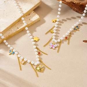 Collana Di Künstliche Perle Imitazione Acciaio Inossidabile Ciondolo Farfalla Cuore Fiore Con Nappa Gioielli Smalto Per Donne