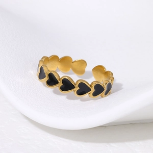 Golden 18K plated stainless steel open ring with black enamel heart pattern for women