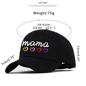 Black cotton baseball cap with embroidered mama text and colorful hearts on white background