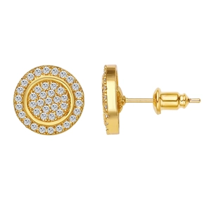 Hip hop style gold plated round stud earrings with micro paved cubic zirconia stones