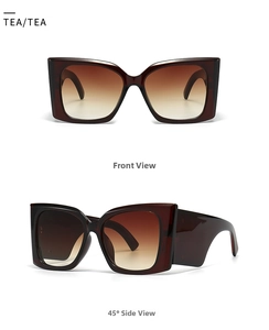 Macro detail of oversized square sunglasses with tea gradient lenses and thick retro frame