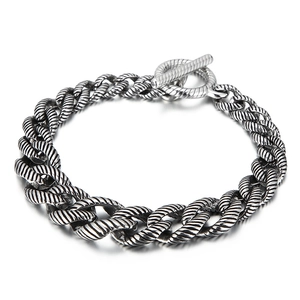 Men Cuban Chain Bracelet 316L Stainless Steel Retro Striped Polished Minimalist Jewelry With Toggle Clasp