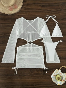 Detail of white three-piece mesh bikini set with long sleeve cover-up and straw accessories