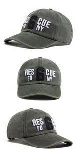 Three-angle macro view of washed cotton baseball cap with vintage 3D embroidery detail