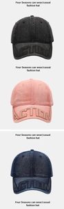 Close-up of three vintage washed denim baseball caps with big ACTION letter embroidery