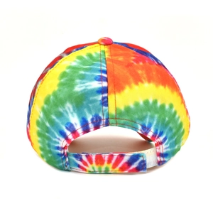 Detail view of colorful tie-dye baseball cap featuring an adjustable velcro back strap