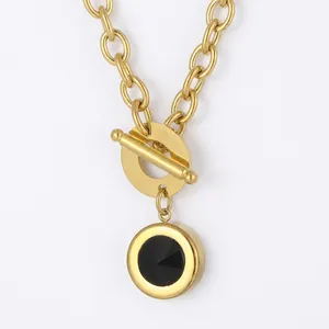 Stainless Steel Thick Link Chain Necklace OT Toggle Clasp Round Colorful Gemstone Pendant Fashion Women Jewelry