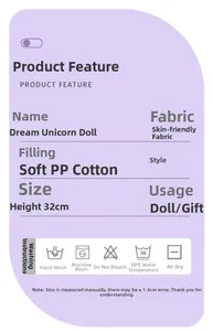Detailed product feature card showing 32cm plush unicorn specifications and care guide