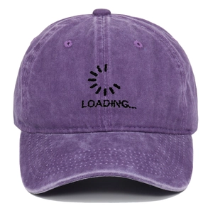 Detail of Loading... text embroidery on vintage washed purple cotton baseball cap