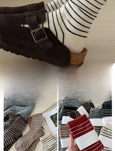 Detail of wool blend striped socks with cotton texture and premium paper card packaging