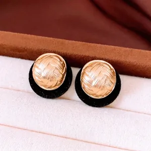 French vintage gold woven texture stud earrings with black velvet base for autumn