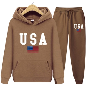 Ensemble sweat à capuche marron avec imprimé USA et drapeau américain en coton tricoté