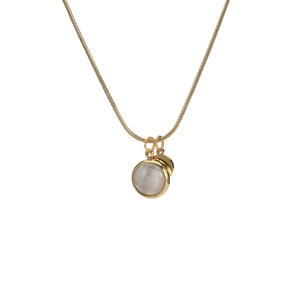 Elegant gold snake chain necklace with a round cat eye opal pendant on white background
