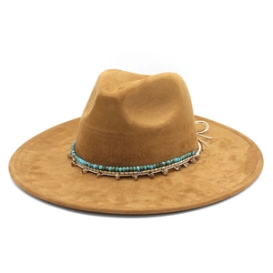 Wide Brim Fedora Hat For Men Women Suede Polyester Felt Jazz Cap With Bohemian Beaded Band Turquoise Metal Pendants Retro