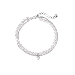 Detail of double-layer pearl bracelet with silver chain and adjustable lobster clasp