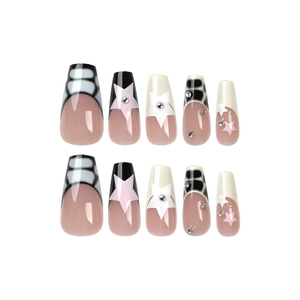 Pink ballerina press-on nails with stars and rhinestones 10-piece set on white background
