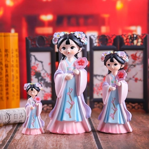 Three-piece set of Chinese style resin figurines in elegant Hanfu for home decor
