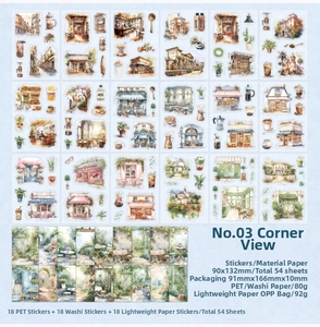 Macro layout of 54 hand-painted European street architecture stickers for scrapbooking