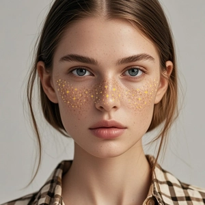 Metallic gold star freckle tattoo stickers on model face for festive makeup looks