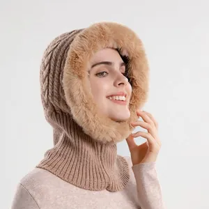 Winter knitted hood scarf with faux fur trim in khaki, warm fleece lined earflap cap