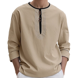Men's khaki cotton linen long sleeve Henley shirt with wood buttons and desert style