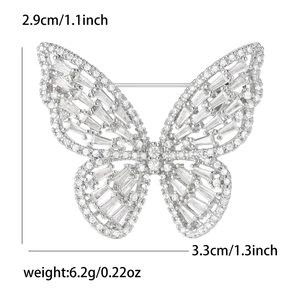 Exquisite silver butterfly brooch with micro-pave zircons and hollow wing design